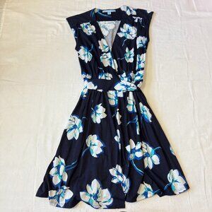 Draper James Navy Blue White Floral Faux Wrap Dress Cap Sleeve Size S